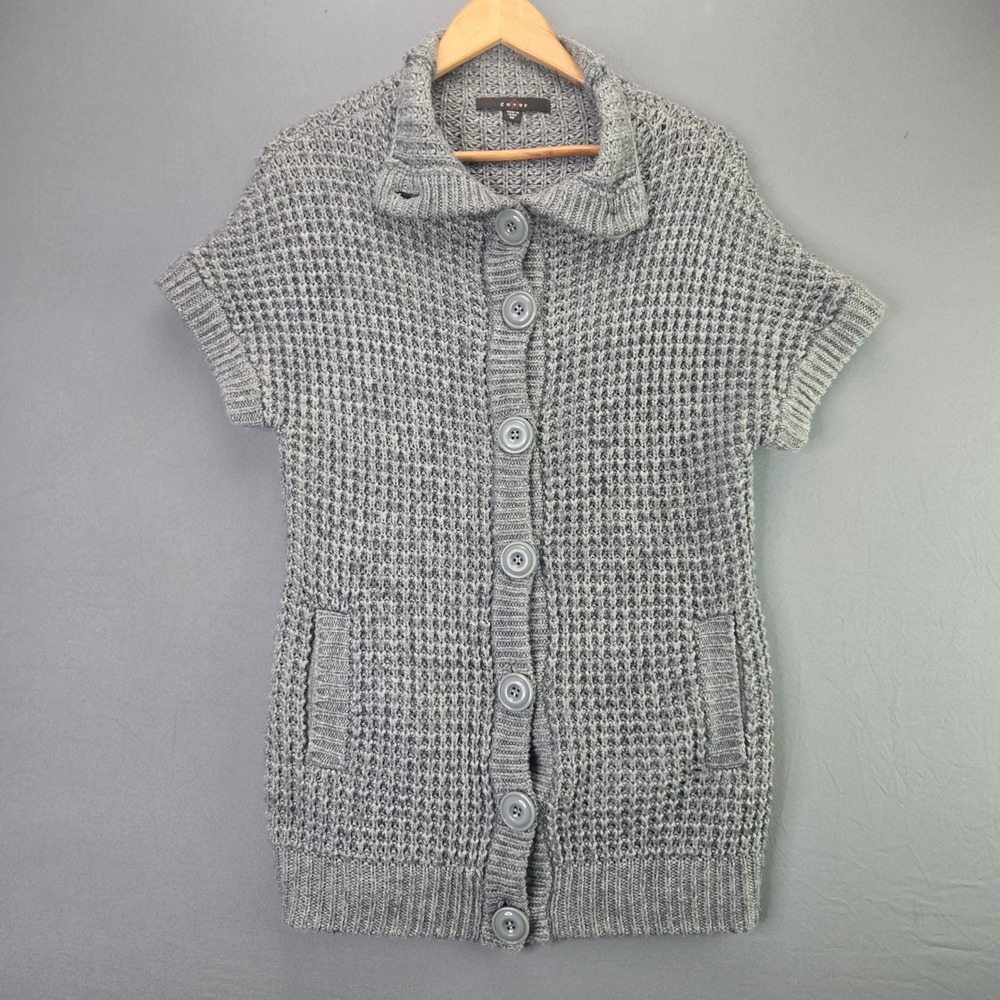 Fever Cardigan Sweater Short Sleeve Waffle Knit M Gray Wool Blend